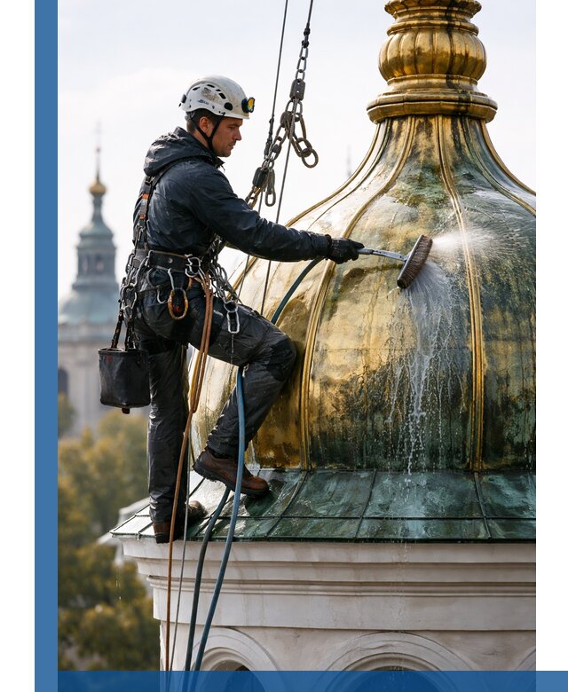 Профессиональная мойка куполов и шпилей высотными альпинистами в Учалах