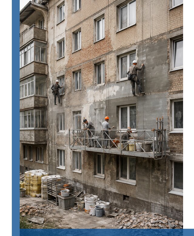 Капитальный ремонт фасада в Учалах с восстановлением и гидроизоляцией