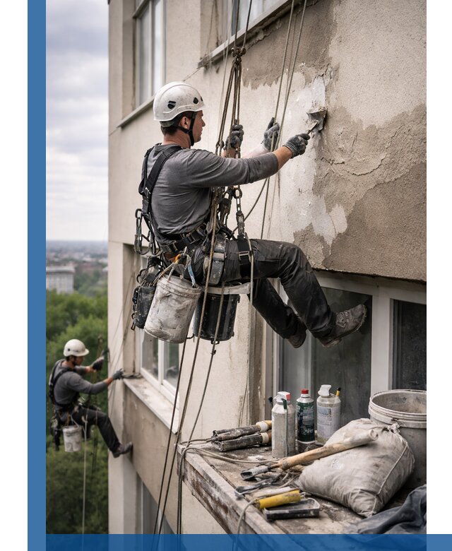 Косметический ремонт фасада зданий в Учалах промышленными альпинистами