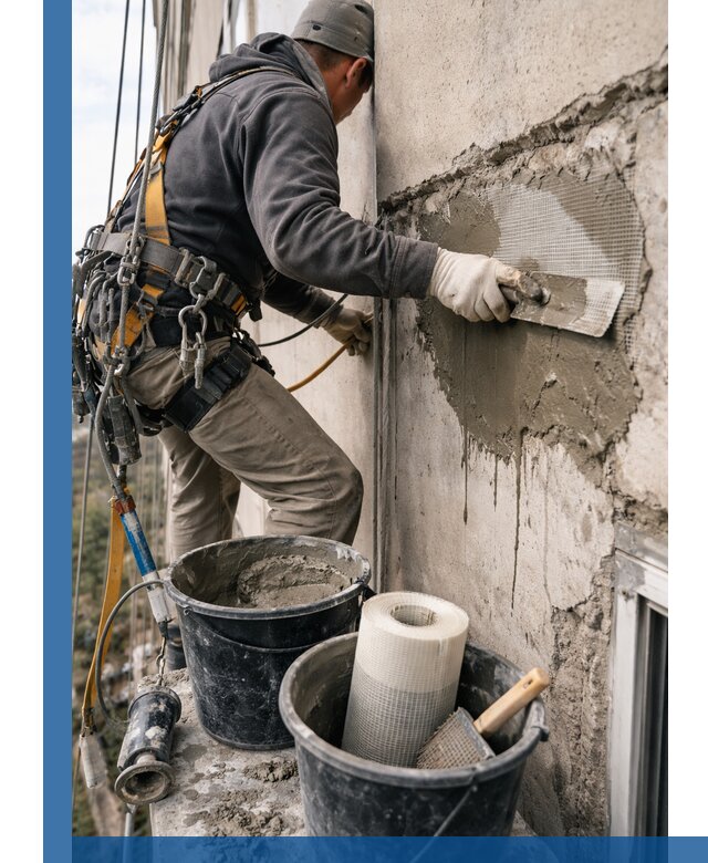 Ремонт бетонных элементов фасада промышленными альпинистами в Учалах