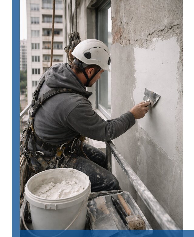 Шпаклевка фасадов на высоте с промальпинистами в Учалах