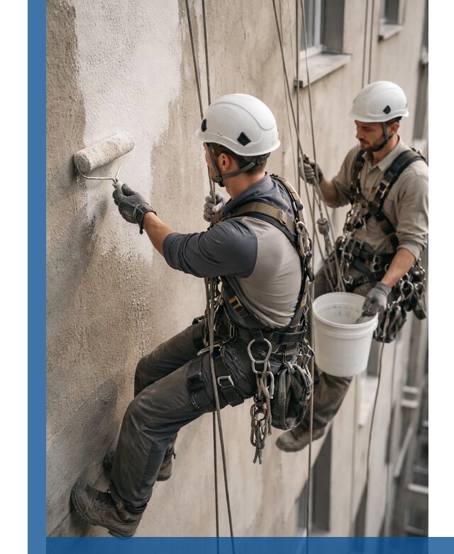 Грунтовка фасада на высоте в Учалах промышленными альпинистами