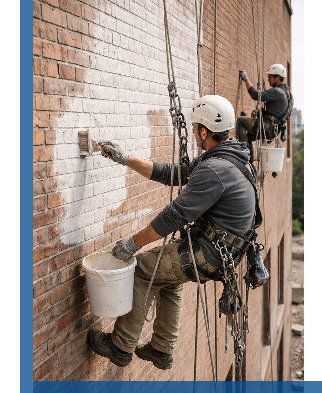 Покраска кирпичного фасада с доступным альпинистским сервисом в Учалах