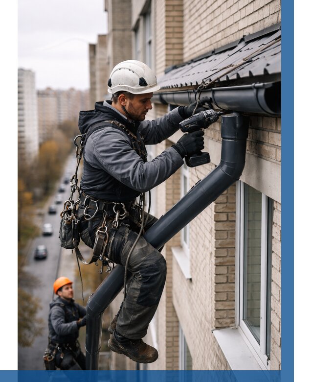 Монтаж водосточной системы на здании в Учалах от 5084 р. | ВЫСОТНИК-Члы