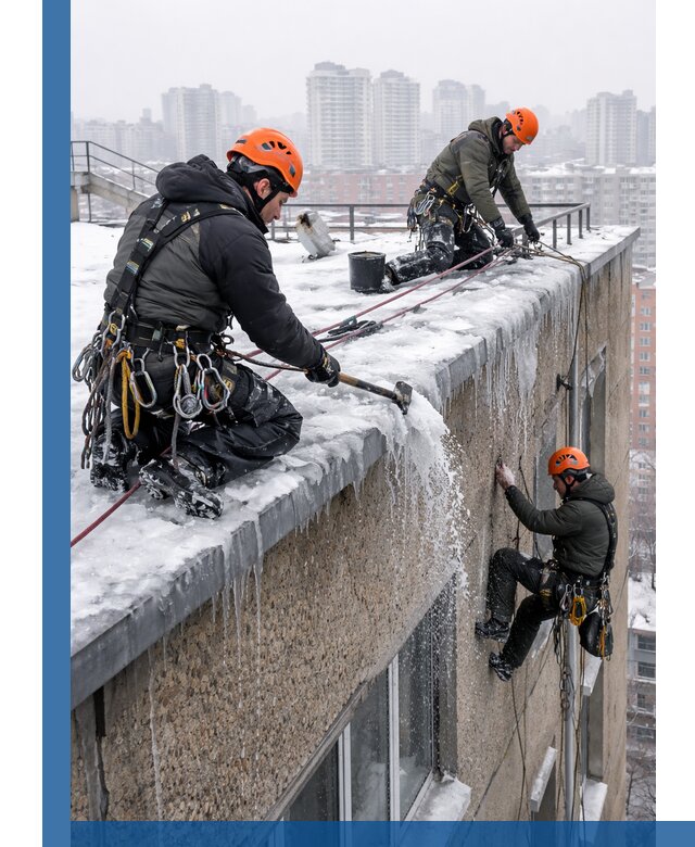 Удаление наледи с кровли в Учалах промышленными альпинистами