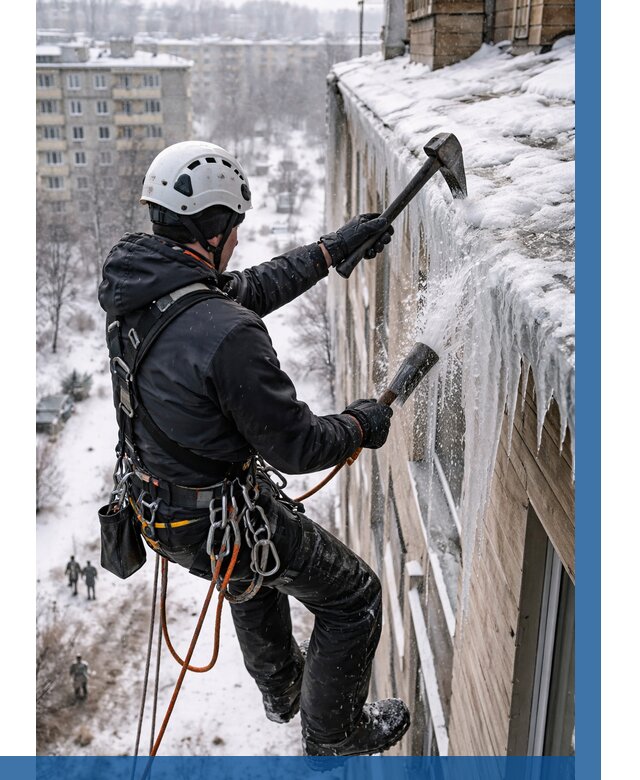 Сбивание сосулек с крыши в Учалах по цене от 4575 р. | ВЫСОТНИК-Члы