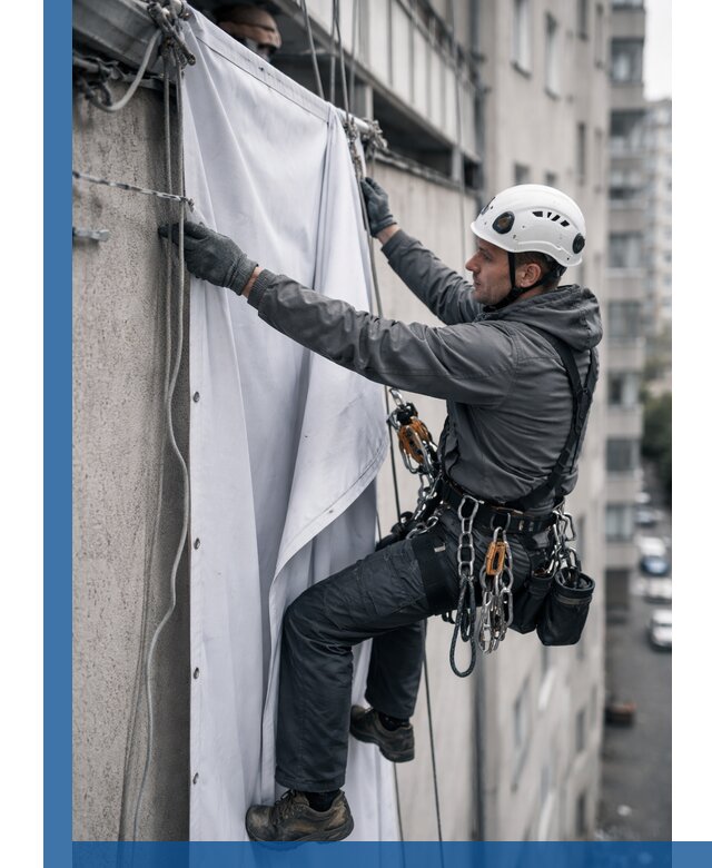 Замена баннерного полотна промышленными альпинистами в Учалах