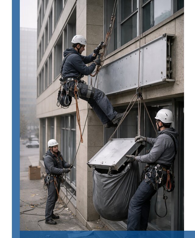 Демонтаж рекламной вывески с высотными работами в Учалах