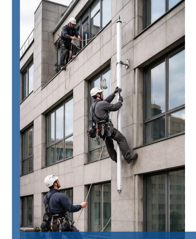 Монтаж флагштока на фасаде здания с креплением и герметикой в Учалах