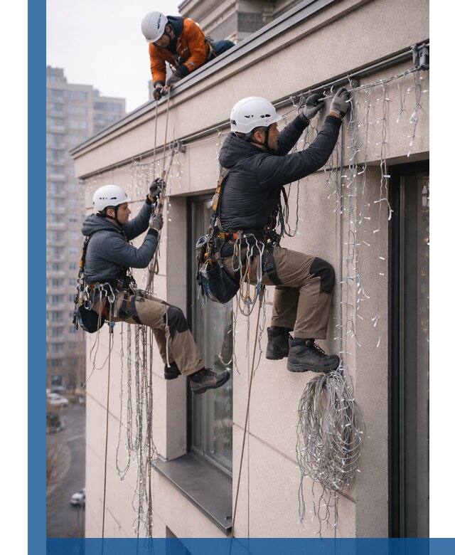 Монтаж праздничных гирлянд на фасаде в Учалах для зданий