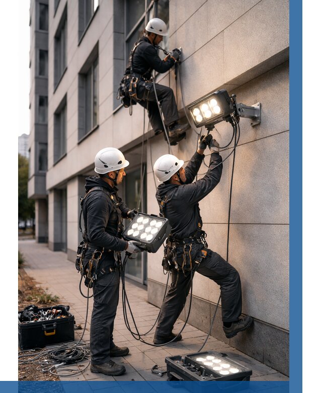 Монтаж прожекторов на фасаде в Учалах от 7625 р. | ВЫСОТНИК-Члы