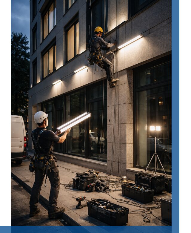 Монтаж архитектурной подсветки здания в Учалах от 2542 р.|ВЫСОТНИК-Члы