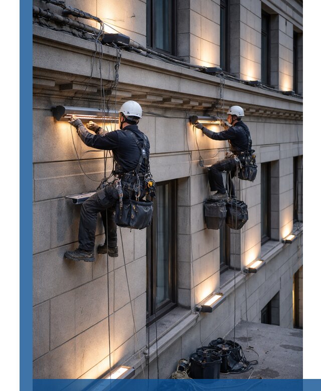 Монтаж архитектурной подсветки фасадов зданий в Учалах