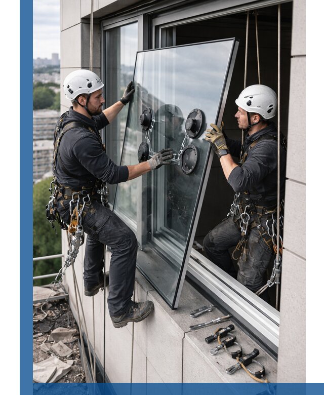Замена стеклопакетов на высоте с промышленными альпинистами в Учалах