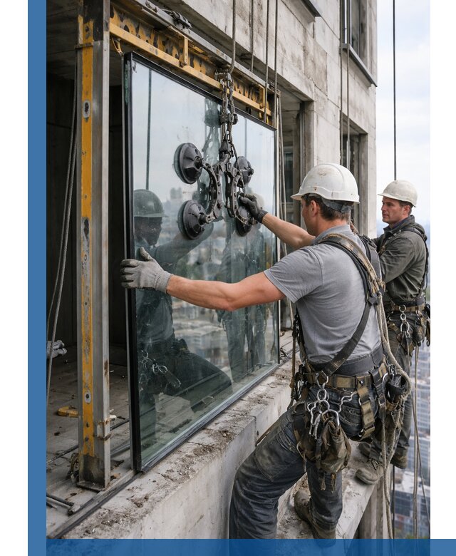 Монтаж стеклопакетов на высоте в Учалах с промышленным альпинизмом