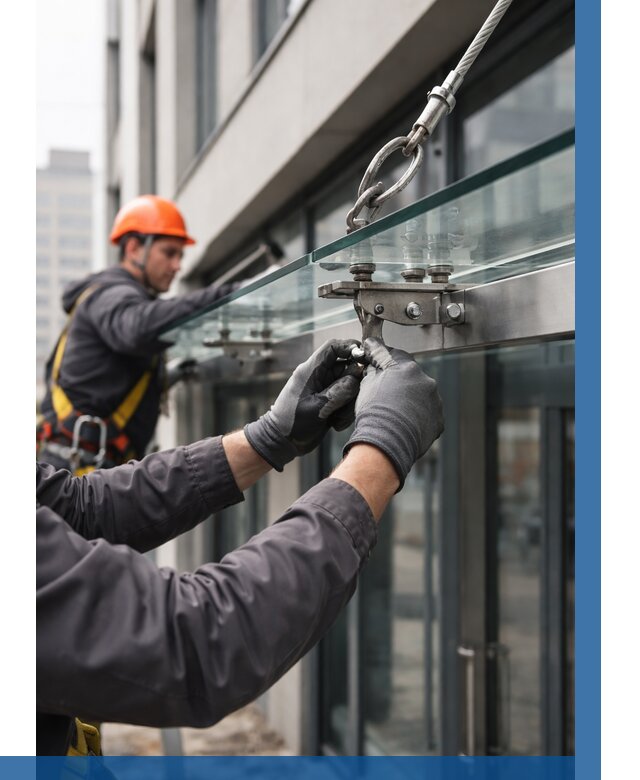 Монтаж стеклянных козырьков в Учалах от 8642 р. | ВЫСОТНИК-Члы