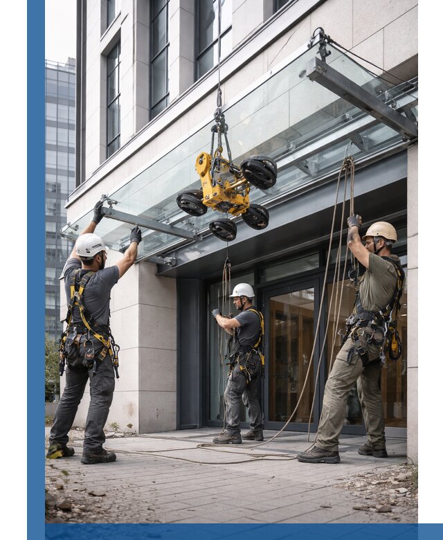 Монтаж стеклянных козырьков под ключ в Учалах для зданий