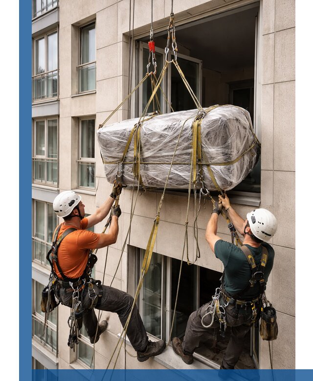 Подъем грузов через окно в Учалах промышленными альпинистами