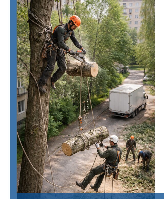 Спил деревьев альпинистами в Учалах, безопасно и без повреждений