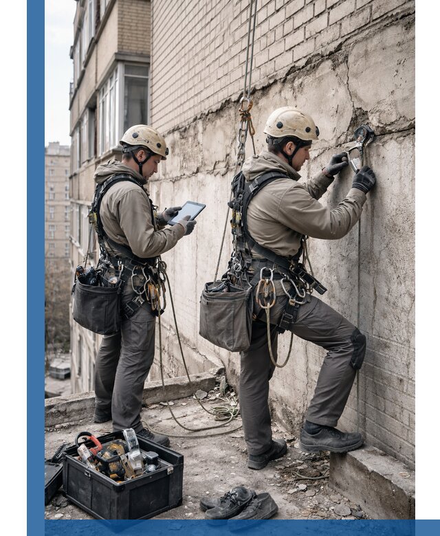 Обследование фасада промышленными альпинистами в Учалах